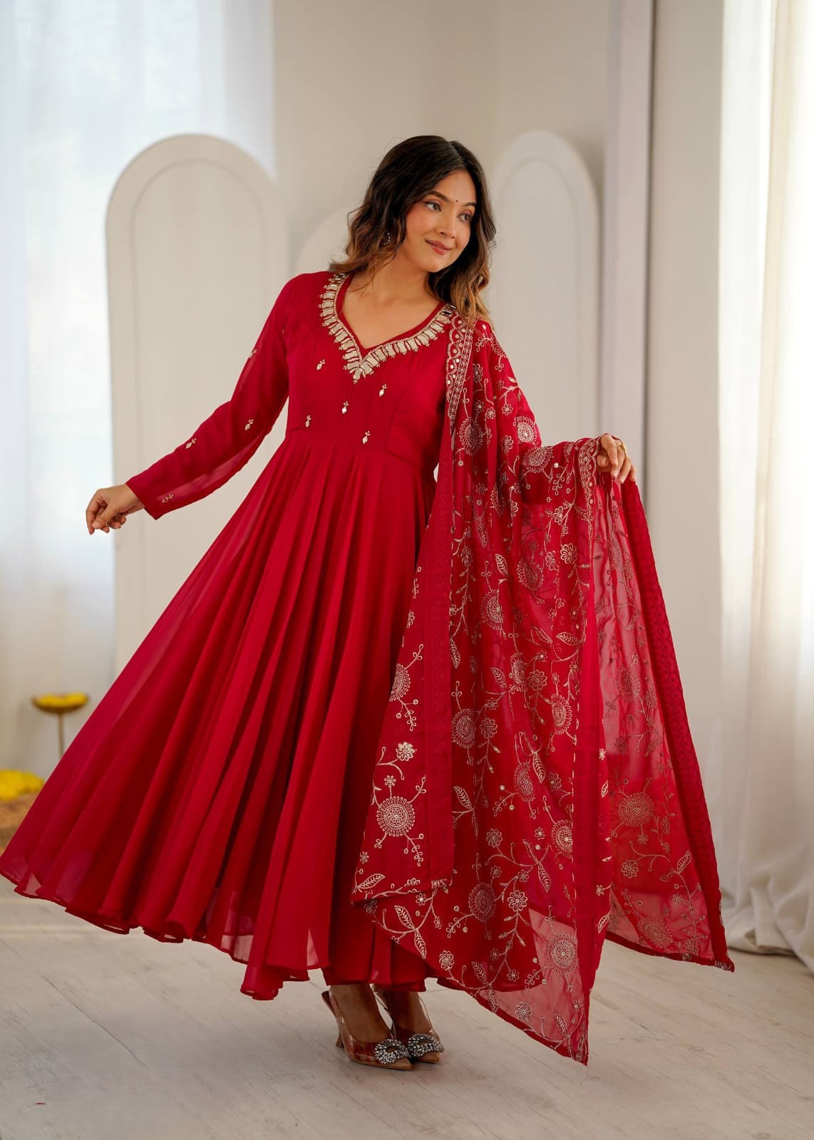 Heavy Faux Georgette Khatli Work With Real Mirror Anarkali Set